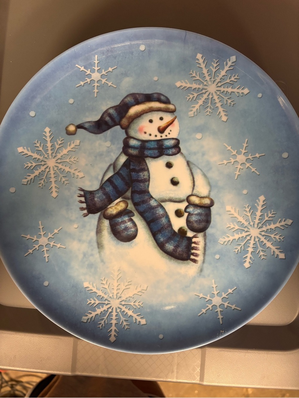 Blue Snowman Holiday Decorative Durable Plastic Plate
